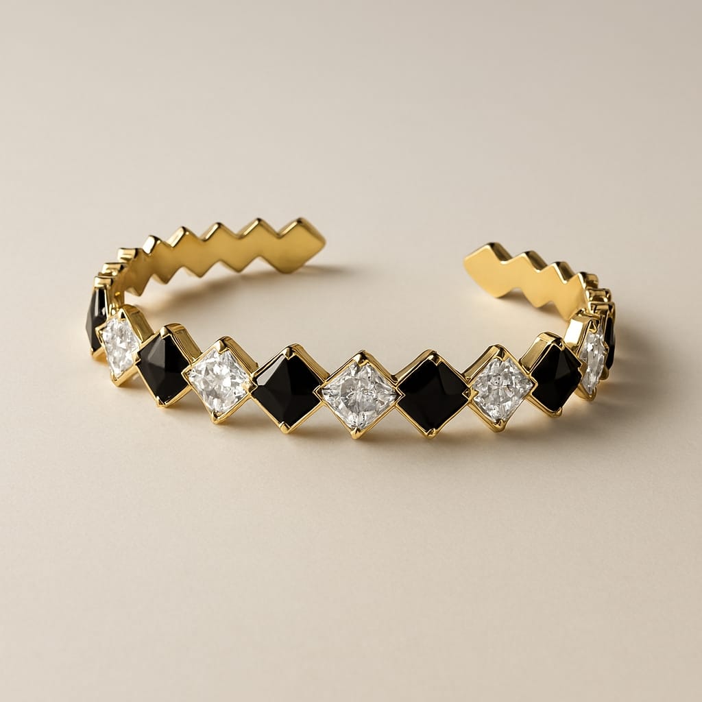 ✨Eternal Elegance Bangle - Gold Plated Cuff with Black & Clear Stones