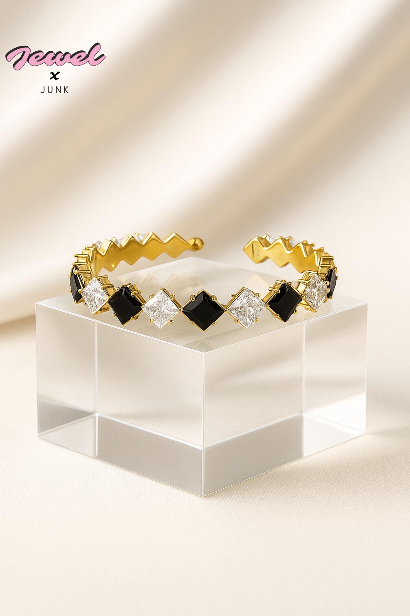 ✨Eternal Elegance Bangle - Gold Plated Cuff with Black & Clear Stones