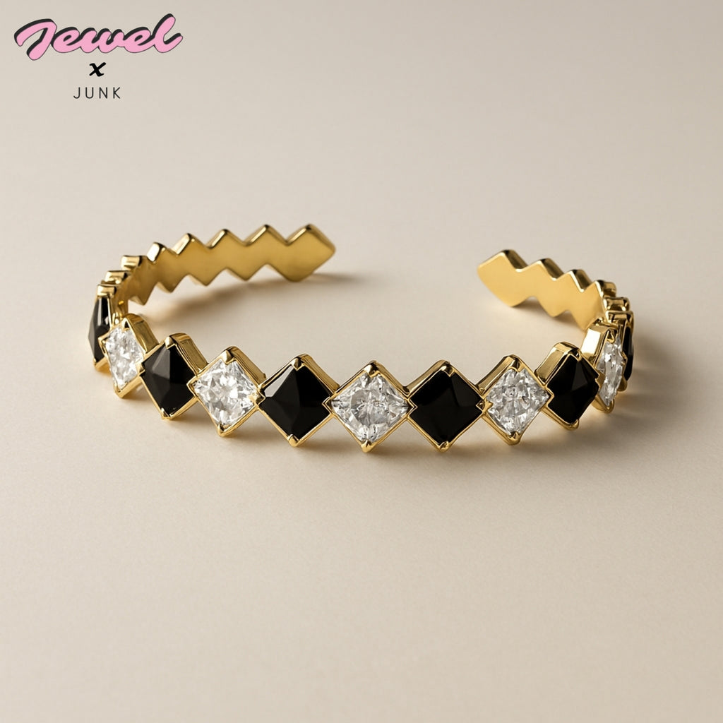 ✨Eternal Elegance Bangle - Gold Plated Cuff with Black & Clear Stones