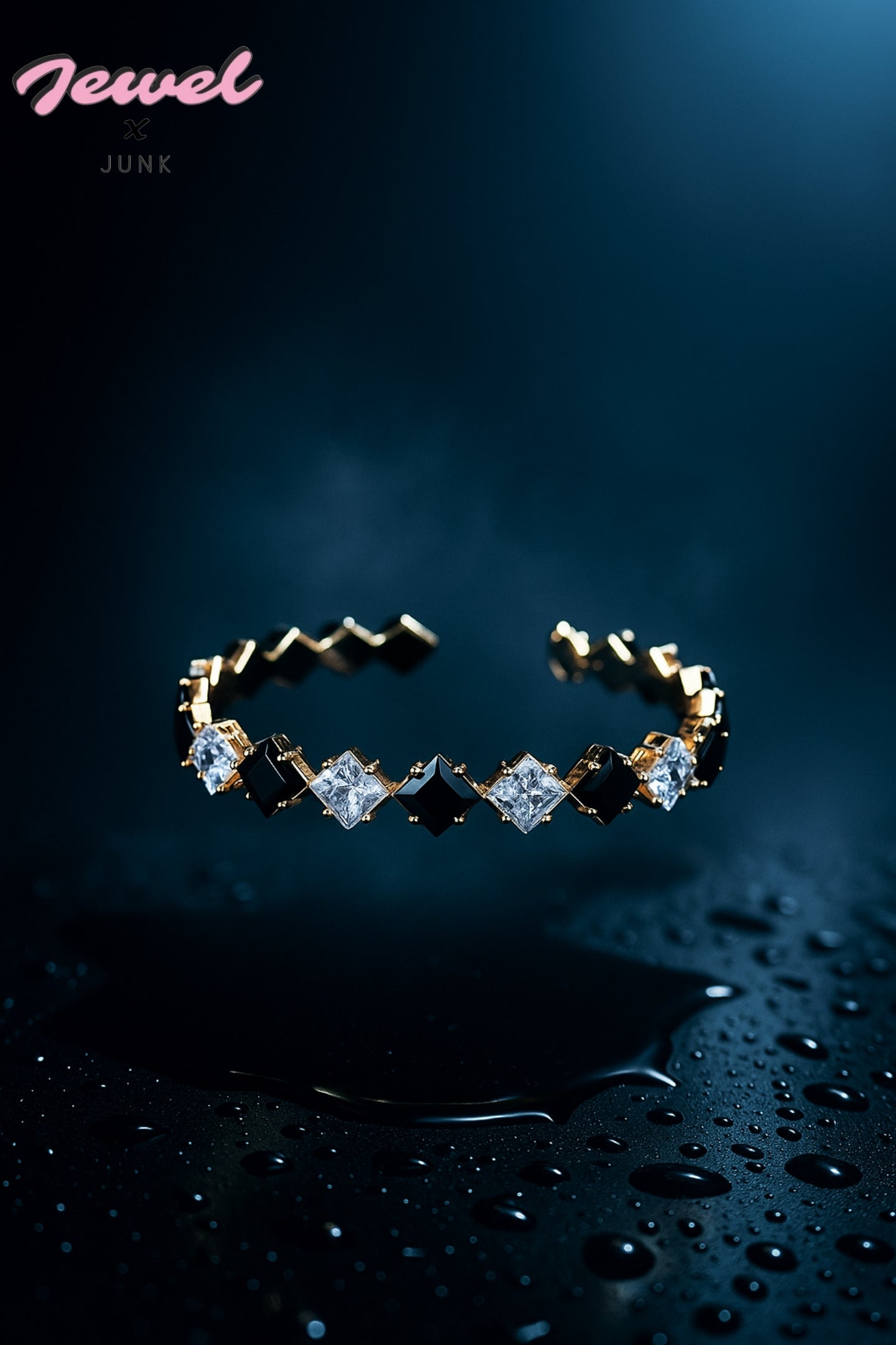 ✨Eternal Elegance Bangle - Gold Plated Cuff with Black & Clear Stones